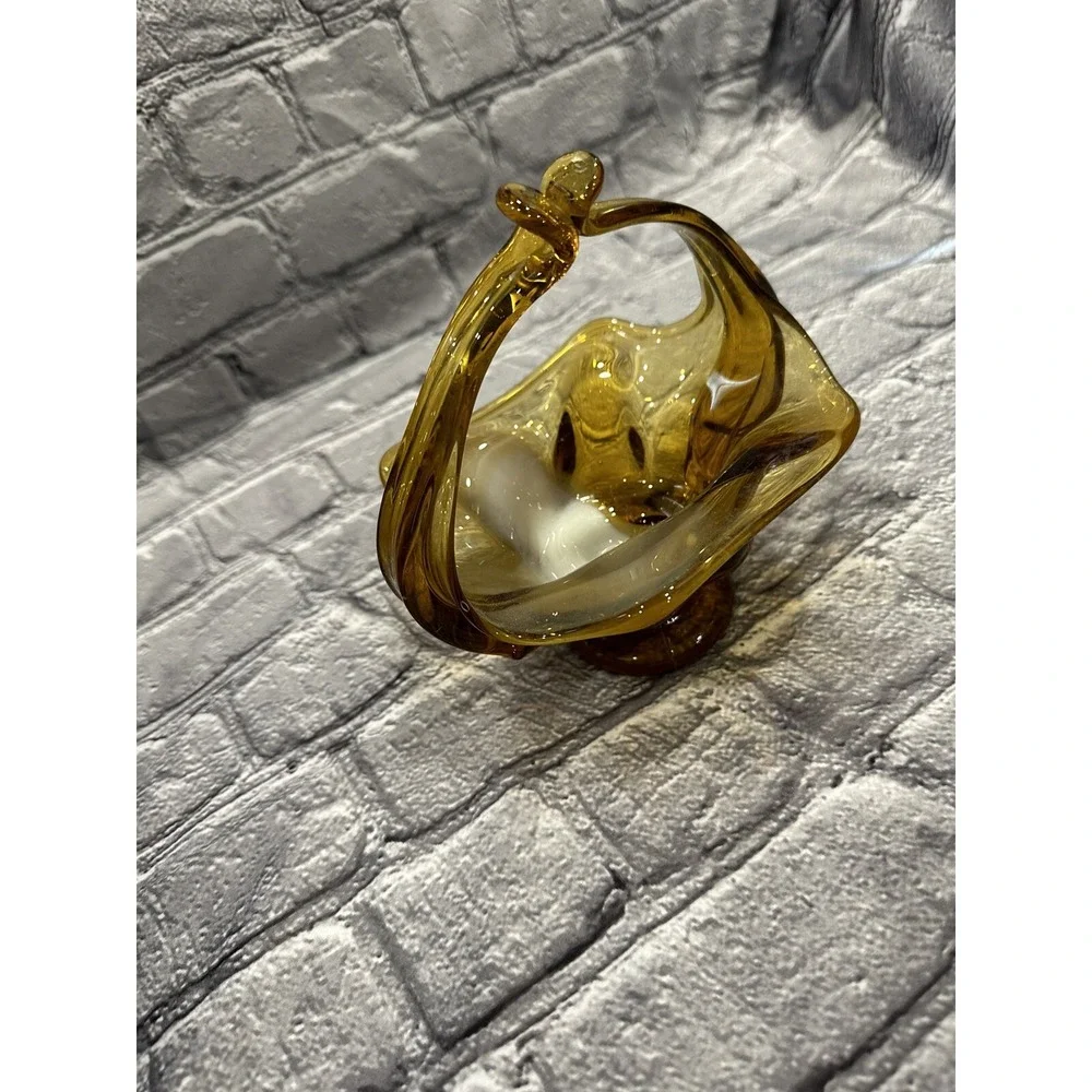 Vintage AMBER Free-Form ART GLASS W/White SHADE Handled Basket Candy Dish
